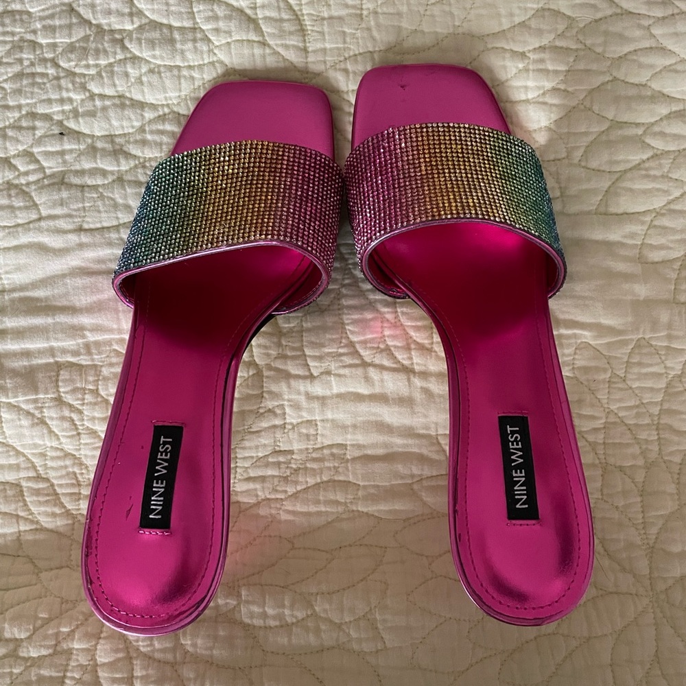 Nine West Hot Pink Slide Sandals with Multicolor Crystal Strap